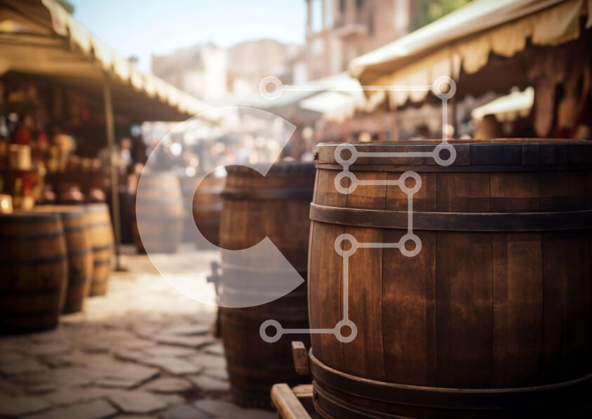 Intra Συλλεκτικό Ξύλινο Παζλ Plywood  4mm - Υπαίθρια αγορά με ξύλινα βαρέλια και ανθρώπους Σε Ξύλινο Κουτί - Διαστάσεις: 10x10 cm – 25 κομμάτια