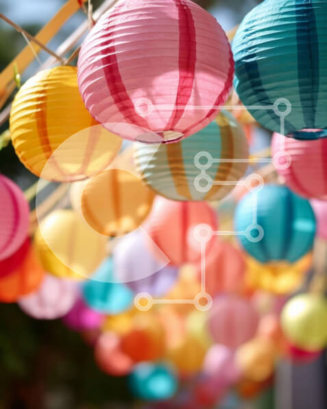 Intra Συλλεκτικό Ξύλινο Παζλ Plywood  4mm - Πολύχρωμα φανάρια από χαρτί σε εξωτερικούς χώρους Σε Ξύλινο Κουτί - Διαστάσεις Puzzle: 10x10 cm – 25 κομμάτια