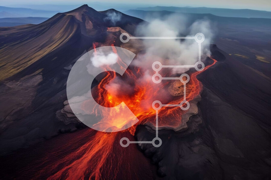 Intra Συλλεκτικό Ξύλινο Παζλ Plywood  4mm - Εναέρια άποψη του ηφαιστείου με τη λάβα και τις φλόγες Σε Ξύλινο Κουτί - Διαστάσεις: 10x10 cm – 25 κομμάτια