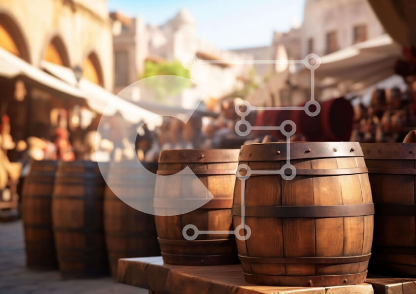 Σετ των 2 Intra Συλλεκτικό Ξύλινο Παζλ Plywood  4mm - Υπαίθρια σκηνή αγοράς με ξύλινα βαρέλια και φαγητό Σε Ξύλινο Κουτί - Διαστάσεις: 10x10 cm – 25 κομμάτια