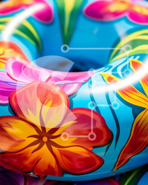 Intra Συλλεκτικό Ξύλινο Παζλ Plywood  4mm - Πολύχρωμο δαχτυλίδι με φουσκωμένο λουλούδι σε μπλε πλωτήρα πισίνας Σε Ξύλινο Κουτί - Διαστάσεις Puzzle: 10x10 cm – 25 κομμάτια