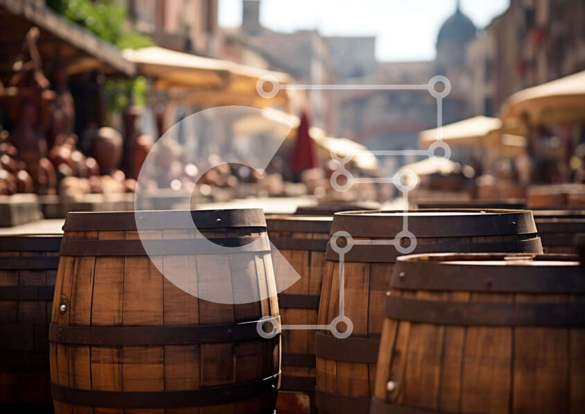 Intra Συλλεκτικό Ξύλινο Παζλ Plywood  4mm - Ξύλινα βαρέλια και ομπρέλες σε υπαίθρια αγορά Σε Ξύλινο Κουτί - Διαστάσεις: 10x10 cm – 25 κομμάτια