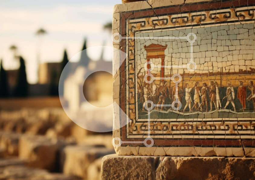 Intra Συλλεκτικό Ξύλινο Παζλ Plywood  4mm - Αρχαίο ψηφιδωτό κεραμίδι με ανθρώπους που περπατούν στην ύπαιθρο Σε Ξύλινο Κουτί - Διαστάσεις Puzzle: 10x10 cm – 25 κομμάτια