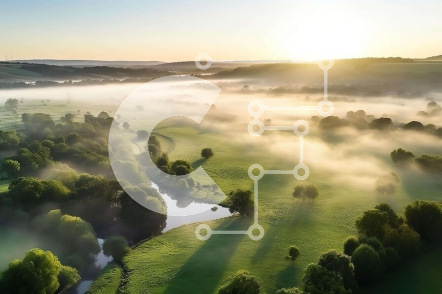 Intra Συλλεκτικό Ξύλινο Παζλ Plywood  4mm - Εναέρια άποψη του ομιχλώδους πράσινου τοπίου με τα ρέματα και το ποτάμι Σε Ξύλινο Κουτί - Διαστάσεις: 10x10 cm – 25 κομμάτια