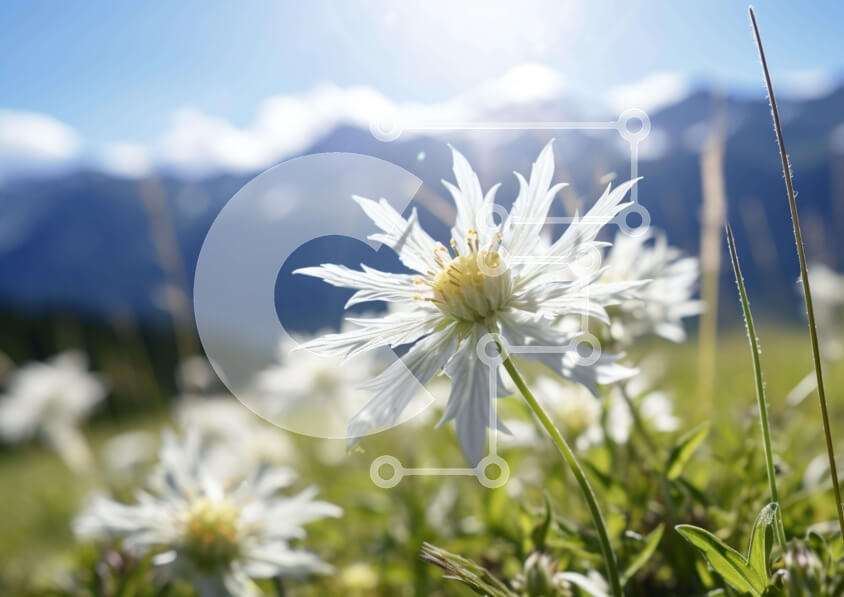 Intra Συλλεκτικό Ξύλινο Παζλ Plywood  4mm - Ανθισμένα λευκά λουλούδια στο λιβάδι με τα βουνά Σε Ξύλινο Κουτί - Διαστάσεις: 10x10 cm – 25 κομμάτια