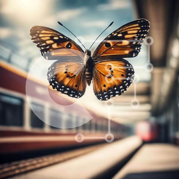 Intra Συλλεκτικό Ξύλινο Παζλ Plywood  4mm - Πεταλούδα κοντά στον ανοιχτό σιδηροδρομικό σταθμό Σε Ξύλινο Κουτί - Διαστάσεις: 10x10 cm – 25 κομμάτια