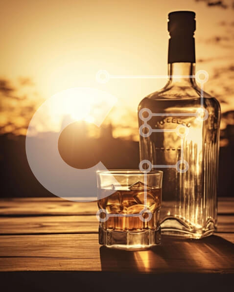 Σετ των 2 Intra Συλλεκτικό Ξύλινο Παζλ Plywood  4mm - Μπουκάλι ουίσκι και ποτήρι σε ξύλινο τραπέζι στο ηλιοβασίλεμα Σε Ξύλινο Κουτί - Διαστάσεις: 10x10 cm – 25 κομμάτια