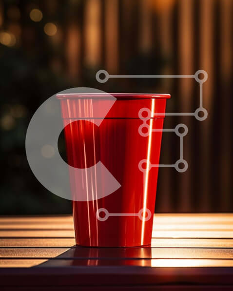 Intra Συλλεκτικό Ξύλινο Παζλ Plywood  4mm - Κόκκινο πλαστικό κύπελλο σε ξύλινο τραπέζι εξωτερικού χώρου Σε Ξύλινο Κουτί - Διαστάσεις: 10x10 cm – 25 κομμάτια