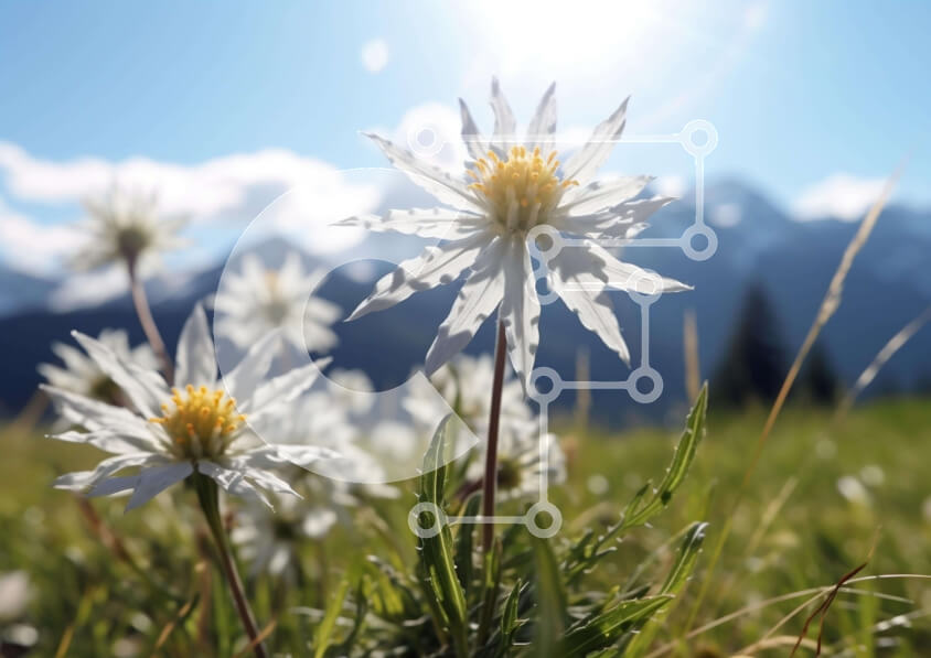 Intra Συλλεκτικό Ξύλινο Παζλ Plywood  4mm - Λευκά λουλούδια σε ένα λιβάδι με βουνά Σε Ξύλινο Κουτί - Διαστάσεις: 10x10 cm – 25 κομμάτια