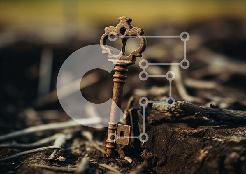 Intra Συλλεκτικό Ξύλινο Παζλ Plywood  4mm - Παλιό σκουριασμένο κλειδί ενσωματωμένο στη βρωμιά Σε Ξύλινο Κουτί - Διαστάσεις: 10x10 cm – 25 κομμάτια