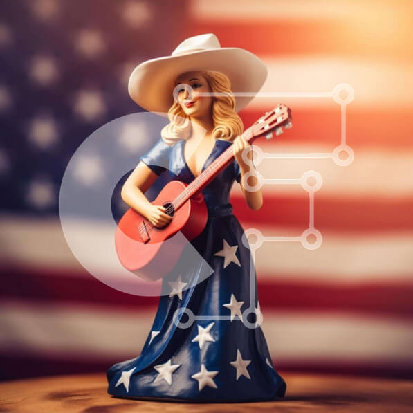 Intra Συλλεκτικό Ξύλινο Παζλ Plywood  4mm - Αμερικανική γυναίκα ειδώλιο που παίζει κιθάρα μπροστά από την αμερικανική σημαία Σε Ξύλινο Κουτί - Διαστάσεις Puzzle: 10x10 cm – 25 κομμάτια