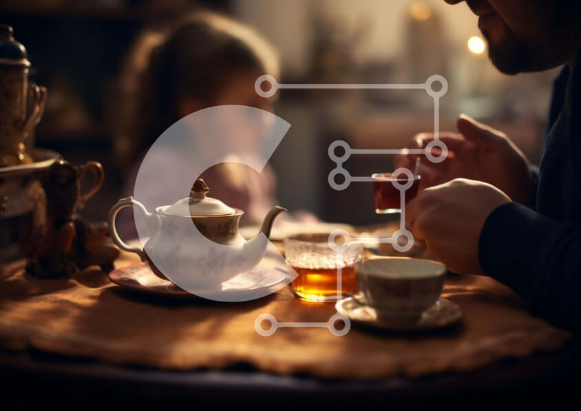 Intra Συλλεκτικό Ξύλινο Παζλ Plywood  4mm - Άνδρας και κόρη που απολαμβάνουν το τσάι Σε Ξύλινο Κουτί - Διαστάσεις Puzzle: 10x10 cm – 25 κομμάτια