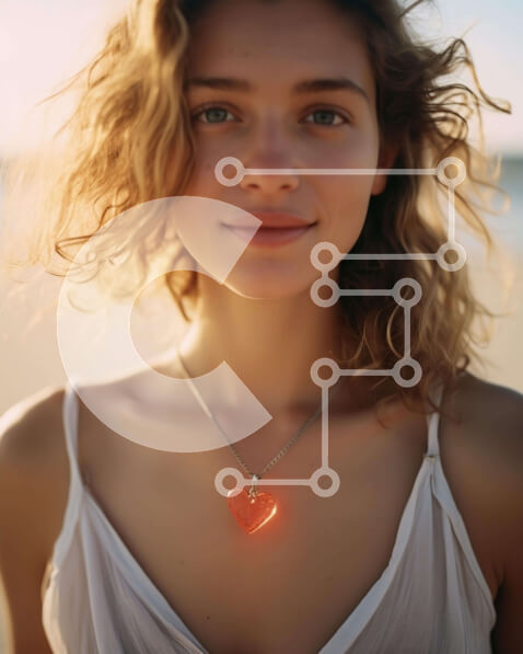 Intra Συλλεκτικό Ξύλινο Παζλ Plywood  4mm - Νεαρή γυναίκα στην παραλία με πορτοκαλί κολιέ καρδιά Σε Ξύλινο Κουτί - Διαστάσεις Puzzle: 10x10 cm – 25 κομμάτια