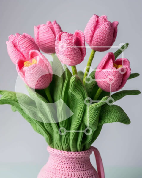 Σετ των 2 Intra Συλλεκτικό Ξύλινο Παζλ Plywood  4mm - Ροζ κροσέ βάζο με ροζ τουλίπες Σε Ξύλινο Κουτί - Διαστάσεις: 10x10 cm – 25 κομμάτια