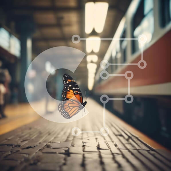 Intra Συλλεκτικό Ξύλινο Παζλ Plywood  4mm - Πεταλούδα κατά την πτήση στο σιδηροδρομικό σταθμό Σε Ξύλινο Κουτί - Διαστάσεις: 10x10 cm – 25 κομμάτια