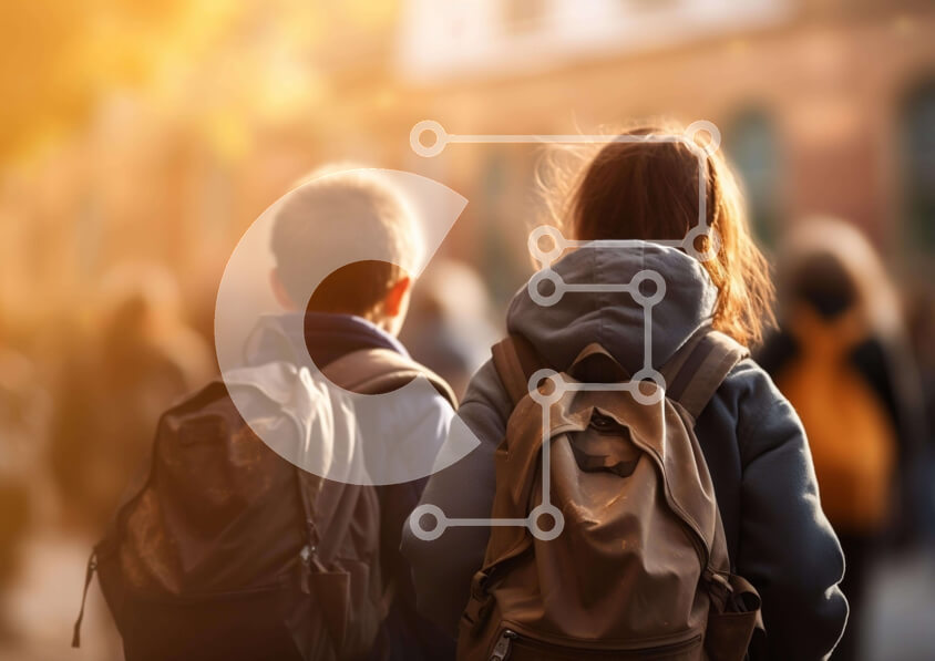 Intra Συλλεκτικό Ξύλινο Παζλ Plywood  4mm - Παιδιά που περπατούν σε έναν δρόμο με σακίδια Σε Ξύλινο Κουτί - Διαστάσεις Puzzle: 10x10 cm – 25 κομμάτια