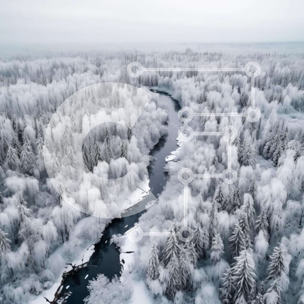 Intra Συλλεκτικό Ξύλινο Παζλ Plywood  4mm - Αεροφωτογραφία του χιονισμένου δάσους και του ποταμού Σε Ξύλινο Κουτί - Διαστάσεις: 10x10 cm – 25 κομμάτια