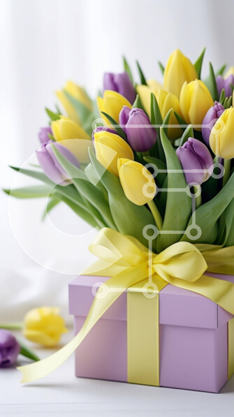 Intra Συλλεκτικό Ξύλινο Παζλ Plywood  4mm - Μωβ Κουτί δώρου με κίτρινες και μωβ τουλίπες Σε Ξύλινο Κουτί - Διαστάσεις: 10x10 cm – 25 κομμάτια