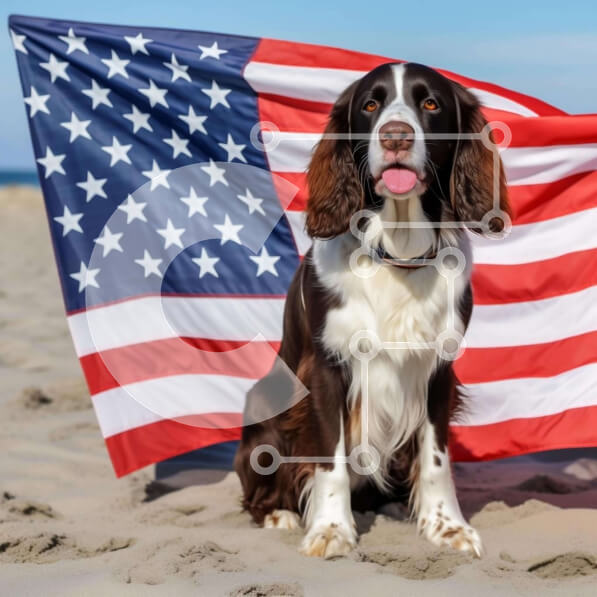 Intra Συλλεκτικό Ξύλινο Παζλ Plywood  4mm - Καφέ και λευκό σκυλί με αμερικανική σημαία στην παραλία Σε Ξύλινο Κουτί - Διαστάσεις: 10x10 cm – 25 κομμάτια