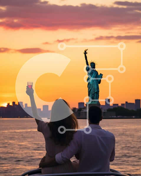 Intra Συλλεκτικό Ξύλινο Παζλ Plywood  4mm - Ρομαντική βόλτα με σκάφος στο ηλιοβασίλεμα με θέα στο άγαλμα της ελευθερίας Σε Ξύλινο Κουτί - Διαστάσεις Puzzle: 10x10 cm – 25 κομμάτια