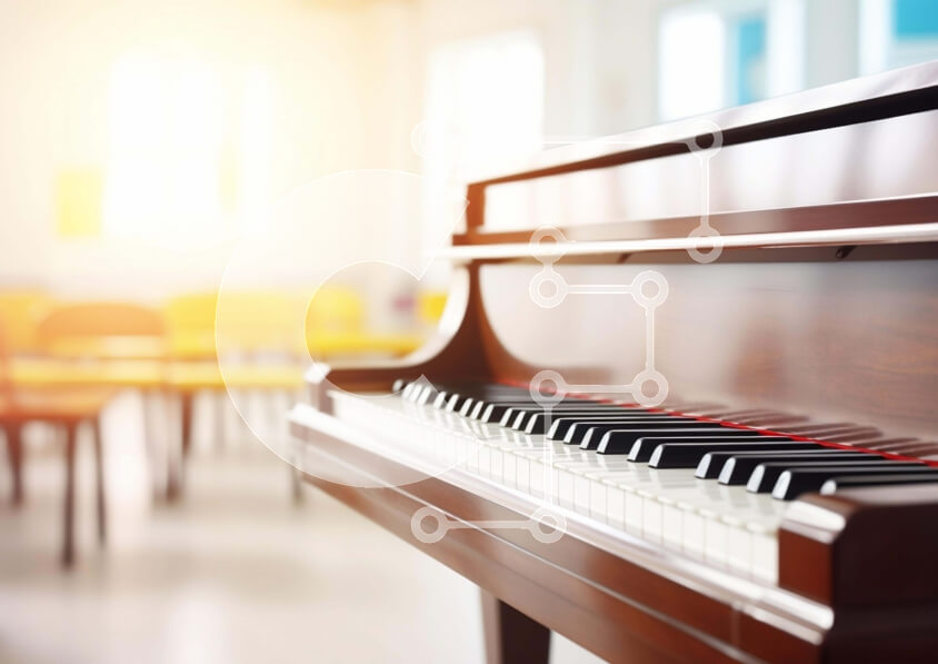 Intra Συλλεκτικό Ξύλινο Παζλ Plywood  4mm - Μεγάλο πιάνο σε δωμάτιο με κίτρινες καρέκλες Σε Ξύλινο Κουτί - Διαστάσεις Puzzle: 10x10 cm – 25 κομμάτια