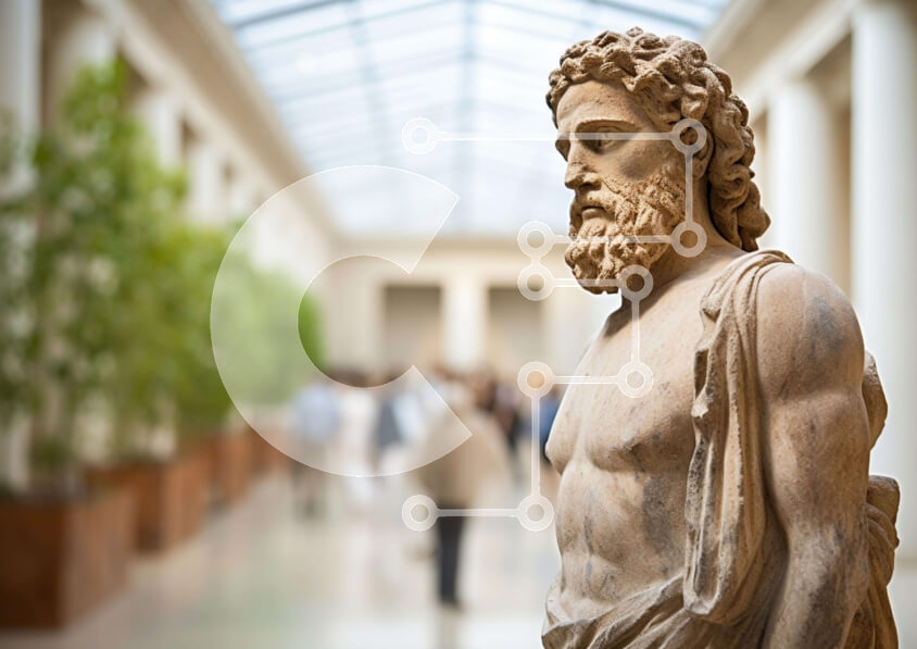 Intra Συλλεκτικό Ξύλινο Παζλ Plywood  4mm - Άγαλμα Αρχαίου Έλληνα Θεού στην Πινακοθήκη Σε Ξύλινο Κουτί - Διαστάσεις Puzzle: 10x10 cm – 25 κομμάτια