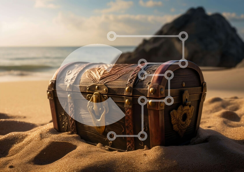 Intra Συλλεκτικό Ξύλινο Παζλ Plywood  4mm - Σεντούκι θησαυρού στην αμμώδη παραλία Σε Ξύλινο Κουτί - Διαστάσεις: 10x10 cm – 25 κομμάτια