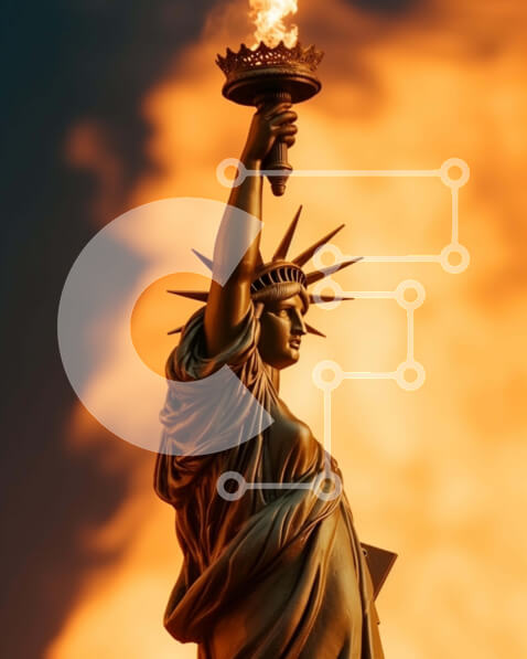 Intra Συλλεκτικό Ξύλινο Παζλ Plywood  4mm - Άγαλμα της Ελευθερίας με Φλόγα ενάντια στον Πορτοκαλί Ουρανό Σε Ξύλινο Κουτί - Διαστάσεις Puzzle: 10x10 cm – 25 κομμάτια