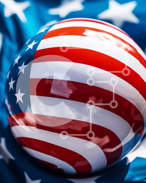 Intra Συλλεκτικό Ξύλινο Παζλ Plywood  4mm - Μπάλα σε σχήμα αμερικανικής σημαίας σε πατριωτικό φόντο Σε Ξύλινο Κουτί - Διαστάσεις Puzzle: 10x10 cm – 25 κομμάτια