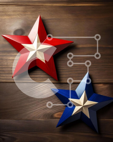 Intra Συλλεκτικό Ξύλινο Παζλ Plywood  4mm - Κόκκινα, λευκά και μπλε στολίδια σε σχήμα αστεριού για πατριωτικές εκδηλώσεις Σε Ξύλινο Κουτί - Διαστάσεις: 10x10 cm – 25 κομμάτια