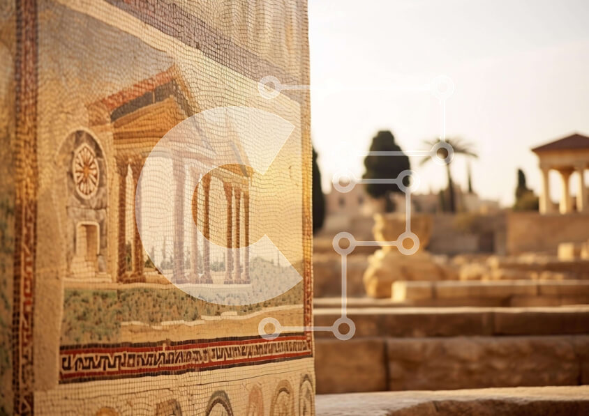 Intra Συλλεκτικό Ξύλινο Παζλ Plywood  4mm - Μωσαϊκό και κτίρια αρχαίας πόλης Σε Ξύλινο Κουτί - Διαστάσεις Puzzle: 10x10 cm – 25 κομμάτια