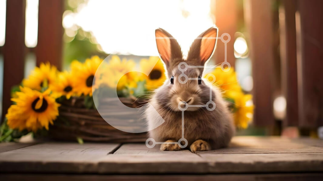 Σετ των 2 Intra Συλλεκτικό Ξύλινο Παζλ Plywood  4mm - Χαλαρό καφέ λαγουδάκι σε ξύλινο κατάστρωμα με ηλιοτρόπια Σε Ξύλινο Κουτί - Διαστάσεις: 10x10 cm – 25 κομμάτια