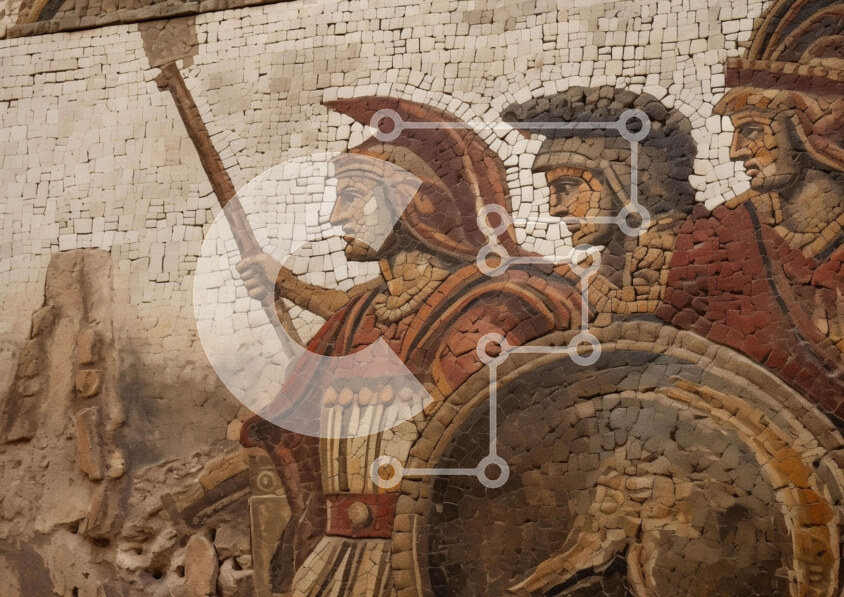 Intra Συλλεκτικό Ξύλινο Παζλ Plywood  4mm - Αρχαίο ρωμαϊκό μωσαϊκό ανδρών με στρατιωτικές στολές Σε Ξύλινο Κουτί - Διαστάσεις Puzzle: 10x10 cm – 25 κομμάτια