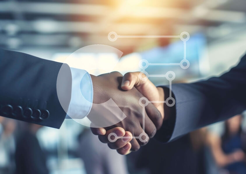 Intra Συλλεκτικό Ξύλινο Παζλ Plywood  4mm - Επιχειρηματίες χειραψία σε ένα επιχειρηματικό περιβάλλον Σε Ξύλινο Κουτί - Διαστάσεις Puzzle: 10x10 cm – 25 κομμάτια