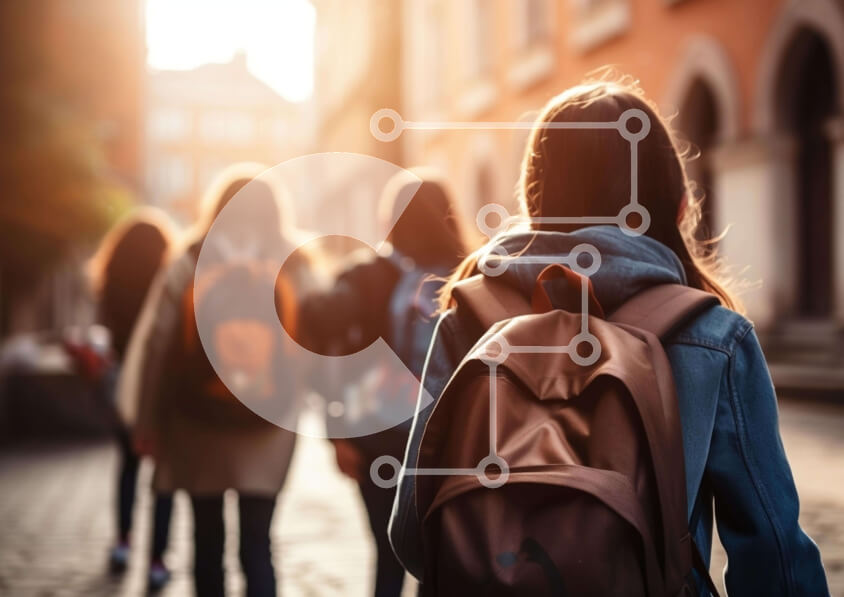 Intra Συλλεκτικό Ξύλινο Παζλ Plywood  4mm - Ομάδα Φοιτητών που περπατούν στην Πλακόστρωτη οδό Σε Ξύλινο Κουτί - Διαστάσεις Puzzle: 10x10 cm – 25 κομμάτια