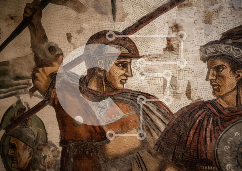 Intra Συλλεκτικό Ξύλινο Παζλ Plywood  4mm - Αρχαίο ρωμαϊκό μωσαϊκό με ασπίδες και δόρατα Σε Ξύλινο Κουτί - Διαστάσεις Puzzle: 10x10 cm – 25 κομμάτια