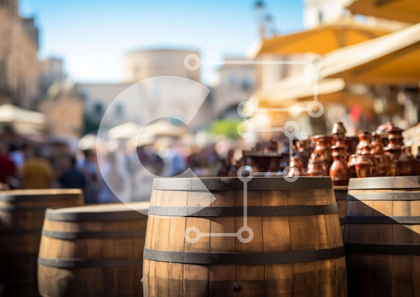 Σετ των 2 Intra Συλλεκτικό Ξύλινο Παζλ Plywood  4mm - Πολυσύχναστη υπαίθρια αγορά με ξύλινα βαρέλια και κόσμο Σε Ξύλινο Κουτί - Διαστάσεις: 10x10 cm – 25 κομμάτια