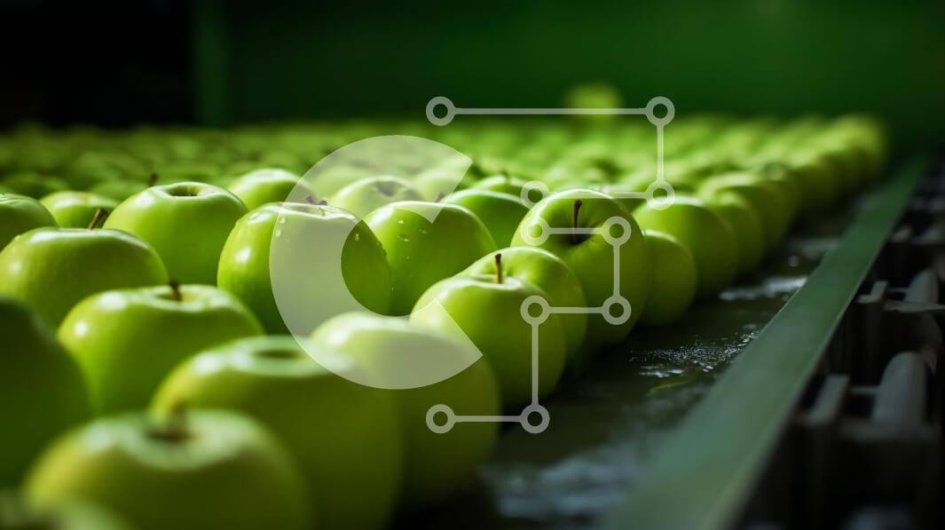 Intra Συλλεκτικό Ξύλινο Παζλ Plywood  4mm - Μεταφορική ζώνη με πράσινα μήλα και μηλιές στο φόντο Σε Ξύλινο Κουτί - Διαστάσεις: 10x10 cm – 25 κομμάτια