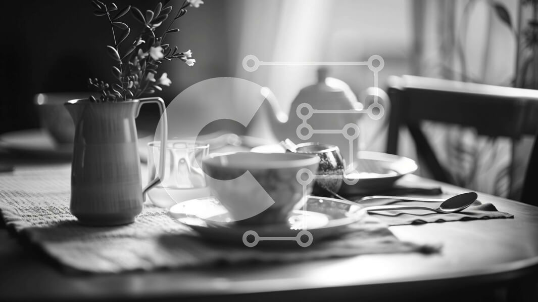 Intra Συλλεκτικό Ξύλινο Παζλ Plywood  4mm - Κλασικό ασπρόμαυρο τραπέζι με φλιτζάνια, πιατάκια, πιάτα, τσαγιέρες, λουλούδια και βάζο Σε Ξύλινο Κουτί - Διαστάσεις Puzzle: 10x10 cm – 25 κομμάτια