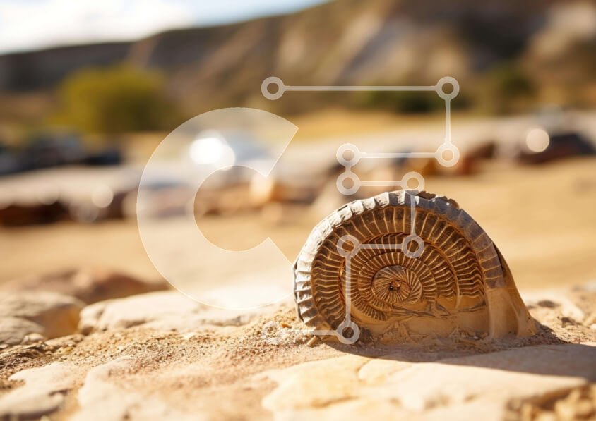 Intra Συλλεκτικό Ξύλινο Παζλ Plywood  4mm - Μεγάλο απολίθωμα αμμωνίτη στην έρημο με σταθμευμένα αυτοκίνητα Σε Ξύλινο Κουτί - Διαστάσεις: 10x10 cm – 25 κομμάτια