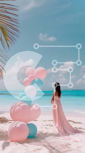 Intra Συλλεκτικό Ξύλινο Παζλ Plywood  4mm - Έγκυος γυναίκα στην παραλία με πολύχρωμα μπαλόνια Σε Ξύλινο Κουτί - Διαστάσεις Puzzle: 10x10 cm – 25 κομμάτια