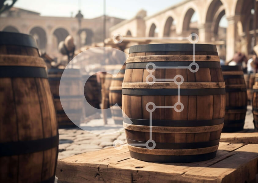 Intra Συλλεκτικό Ξύλινο Παζλ Plywood  4mm - Ξύλινα βαρέλια και άνθρωποι σε μια υπαίθρια αγορά Σε Ξύλινο Κουτί - Διαστάσεις: 10x10 cm – 25 κομμάτια