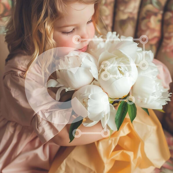 Σετ των 2 Intra Συλλεκτικό Ξύλινο Παζλ Plywood  4mm - Κορίτσι με λευκές παιώνιες Σε Ξύλινο Κουτί - Διαστάσεις: 10x10 cm – 25 κομμάτια