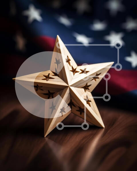 Intra Συλλεκτικό Ξύλινο Παζλ Plywood  4mm - Συμβολικό ξύλινο αστέρι σε φόντο αμερικανικής σημαίας Σε Ξύλινο Κουτί - Διαστάσεις Puzzle: 10x10 cm – 25 κομμάτια