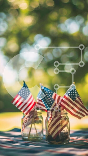 Intra Συλλεκτικό Ξύλινο Παζλ Plywood  4mm - Πατριωτικό ντεκόρ με αμερικανικές σημαίες σε βάζα Σε Ξύλινο Κουτί - Διαστάσεις: 10x10 cm – 25 κομμάτια