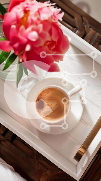 Intra Συλλεκτικό Ξύλινο Παζλ Plywood  4mm - Διάλειμμα για καφέ με ροζ βάζο λουλουδιών σε λευκό δίσκο Σε Ξύλινο Κουτί - Διαστάσεις: 10x10 cm – 25 κομμάτια