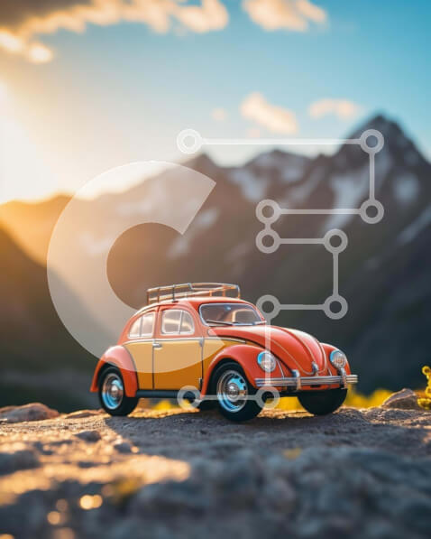 Intra Συλλεκτικό Ξύλινο Παζλ Plywood  4mm - Πορτοκαλί αυτοκίνητο παιχνίδι παρκαρισμένο σε έναν βράχο Σε Ξύλινο Κουτί - Διαστάσεις Puzzle: 10x10 cm – 25 κομμάτια