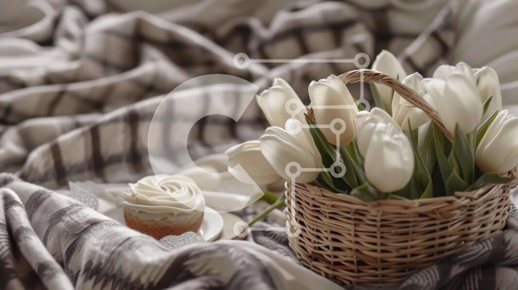 Intra Συλλεκτικό Ξύλινο Παζλ Plywood  4mm - Καλάθι με λευκές τουλίπες, cupcakes και πασχαλινό λαγουδάκι Σε Ξύλινο Κουτί - Διαστάσεις Puzzle: 10x10 cm – 25 κομμάτια