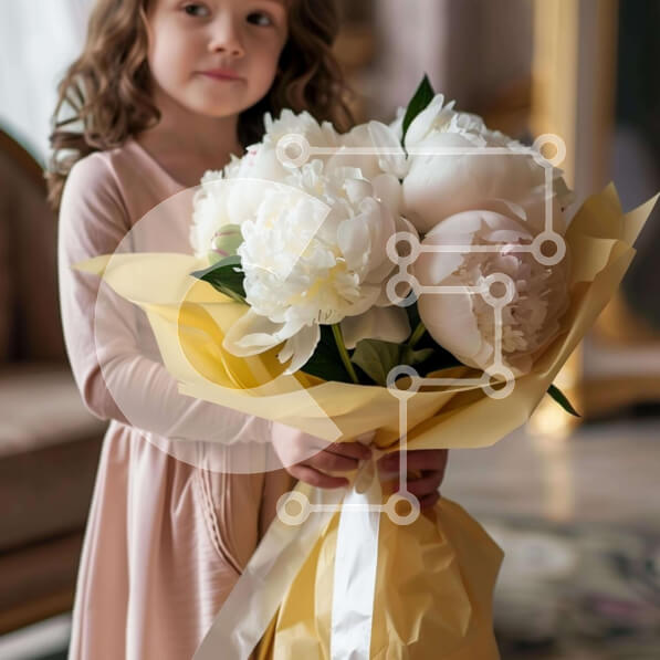 Σετ των 2 Intra Συλλεκτικό Ξύλινο Παζλ Plywood  4mm - Νεαρό κορίτσι με μπουκέτο λευκά λουλούδια Σε Ξύλινο Κουτί - Διαστάσεις: 10x10 cm – 25 κομμάτια