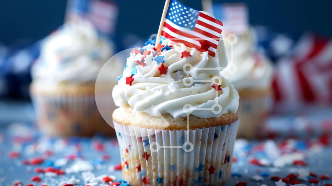 Intra Συλλεκτικό Ξύλινο Παζλ Plywood  4mm - Cupcake 4ης Ιουλίου με κόκκινο, λευκό και μπλε παγετό και αμερικανική σημαία Σε Ξύλινο Κουτί - Διαστάσεις: 10x10 cm – 25 κομμάτια